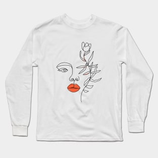 Minimal Woman line art. One line woman face and flower. Long Sleeve T-Shirt